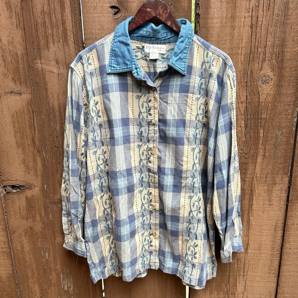 Vintage Dressbarn Plaid Denim Collar Button Up Shirt 2X